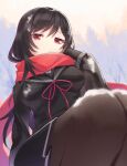  1girl black_gloves black_hair black_serafuku from_below gloves hand_in_own_hair long_hair looking_at_viewer okanoyuno pantyhose red_eyes red_scarf sayo_samonji_(tenka_hyakken) scarf school_uniform serafuku tenka_hyakken 