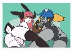 anthro anus backsack balls biped blue_eyes clothing duo echossmetches female flaccid fur gadgette_(susieruu) genitals glans green_background grey_body gynomorph hair horn humanoid humanoid_genitalia humanoid_penis humanoid_vulva innie_vulva intersex lagomorph legwear leporid long_hair looking_back lying machine mammal mining_helmet mostly_nude on_side open_mouth penis pink_hair rabbit rear_view robot simple_background suzi_(susieruu) tail thigh_highs vulva white_body white_fur y_anus yellow_eyes