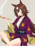  1girl alternate_costume animal_ears animal_print arm_support bandage_over_one_eye breasts brown_hair butterfly_print center_opening cleavage commentary_request cosplay gintama hair_between_eyes highres holding holding_smoking_pipe horse_ears horse_girl horse_tail japanese_clothes kimono large_breasts long_hair long_sleeves looking_at_viewer multicolored_hair print_kimono purple_kimono red_eyes simple_background sirius_symboli_(umamusume) smile smoking_pipe solo streaked_hair tail takasugi_shinsuke takasugi_shinsuke_(cosplay) thighs umamusume white_streaks zenbrush2 