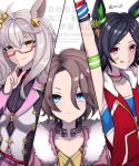  3girls absurdres ahoge animal_ears arm_up bandaid bandaid_on_cheek bandaid_on_face bandeau biwa_hayahide_(pf._winning_equation...)_(umamusume) biwa_hayahide_(umamusume) black_hair blue_bandeau blue_eyes blue_sports_bra bnw_(umamusume) bow breasts brown_hair closed_mouth collarbone crown ear_ornament ear_through_crown frown fur-trimmed_jacket fur_trim glasses grey_hair hair_between_eyes hair_ornament hairclip highres hood hoodie horse_ears horse_girl horseshoe jacket long_hair long_sleeves looking_at_viewer low-cut_armhole medium_breasts multiple_girls narita_taishin_(nevertheless)_(umamusume) narita_taishin_(umamusume) pink_jacket purple_jacket red-framed_eyewear red_bow red_eyes red_jacket semi-rimless_eyewear shirt short_hair sleeveless sleeveless_hoodie sleeveless_jacket small_breasts smile sports_bra stretching tongue tongue_out umamusume under-rim_eyewear winning_ticket_(get_to_winning!)_(umamusume) winning_ticket_(umamusume) wristband yellow_eyes yellow_shirt ym_1221 