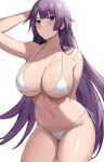  1girl absurdres arm_up bakemonogatari bangs bikini blue_eyes blush breasts closed_mouth collarbone highres jasony large_breasts long_hair looking_at_viewer monogatari_(series) navel purple_hair senjougahara_hitagi sideboob simple_background solo stomach swimsuit thighs underboob white_background white_bikini 