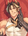  1boy arknights bara chinese_commentary chong_yue_(arknights) dragon_boy dragon_horns ear_piercing highres horns long_hair looking_at_viewer male_focus multicolored_hair piercing pointy_ears red_background red_eyes shirt sleeveless sleeveless_shirt tongue tongue_out white_shirt yaekaidou 