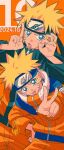  2boys ache_jiao_ache bad_source black_headband blonde_hair blue_eyes blue_headband dated dual_persona facial_mark hand_on_own_hip headband highres jacket konohagakure_symbol male_focus multiple_boys naruto_(classic) naruto_(series) naruto_shippuuden open_mouth orange_jacket signature tongue tongue_out uzumaki_naruto v whisker_markings 