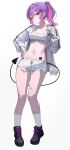  1girl absurdres alternate_costume bandaid bandaid_on_neck black_shoes breasts center-flap_bangs character_name colored_inner_hair commentary cowboy_shot cross cross_earrings demon_girl demon_tail dolphin_shorts double-parted_bangs ear_piercing earrings full_body gradient_hair green_eyes hair_ornament hairclip hand_on_own_hip hand_up hashtag-only_commentary highres hololive jacket jewelry kkato leg_tattoo looking_at_viewer medium_breasts medium_hair multicolored_hair navel navel_piercing parallel_hairclips piercing pink_hair pointy_ears ponytail purple_hair shoes short_shorts shorts simple_background socks solo sports_bra stomach tail tattoo tokoyami_towa virtual_youtuber white_background white_jacket white_shorts white_socks white_sports_bra winged_heart winged_heart_tattoo 