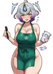 :d apron bare_arms bare_shoulders blush breasts bright_pupils cleavage collarbone commentary cowboy_shot cup curvy english_commentary fire_emblem fire_emblem_heroes floating floating_object forehead_jewel green_apron highres holding holding_cup holding_pen iced_latte_with_breast_milk_(meme) large_breasts looking_at_viewer meme naked_apron nervous nervous_smile pen rotomdocs seidr_(fire_emblem) short_hair sideboob simple_background skindentation smile starbucks thick_thighs thighs white_background white_pupils 