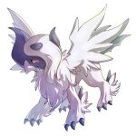  absol animal_focus artist_name bangs claws closed_mouth commentary full_body hair_over_one_eye highres looking_at_viewer mega_absol mega_pokemon no_humans one_eye_covered pokemon pokemon_(creature) red_eyes shia_(shi12_poke) short_hair signature simple_background solo split_mouth standing white_background white_hair white_wings wings 