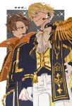  2boys aiguillette alban_knox anime_coloring black_eyes black_jacket black_pants black_vest blonde_hair blue_eyes blush bow bowtie brown_hair buttons clenched_hand cowboy_shot cropped_jacket double-breasted earphones epaulettes from_below gloves green_eyes grin hair_between_eyes half-closed_eyes hand_on_own_hip head_tilt headset hetero idol_clothes jacket layered_clothes long_sleeves looking_at_another looking_to_the_side male_focus mole mole_on_neck multicolored_jacket multiple_boys nijisanji nijisanji_en nijisanji_idol_uniform npppiyo official_alternate_costume open_clothes open_collar open_jacket orange_jacket pants parted_bangs shirt short_hair single_epaulette slit_pupils smile smirk sonny_brisko sparkle thigh_strap two-tone_jacket v-shaped_eyebrows vest virtual_youtuber white_bow white_bowtie white_gloves white_pants white_shirt wireless_earphones zipper 
