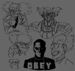  1984_(novel) 6+boys bald big_brother_(1984) commentary derivative_work dr._wily_(mega_man) english_commentary english_text facial_hair glasses grey_background grin hands_in_pockets lab_coat male_focus mask mega_man_(classic) mega_man_(series) mouth_mask multiple_boys multiple_style_parody mustache parody red_eyes short_hair simple_background sketch smile spot_color style_parody submarinechamomile 