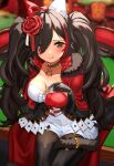  1girl :q absurdres animal_ears bangs between_breasts black_gloves black_hair black_thighhighs blurry blurry_background blush breasts cape card card_between_breasts choker cleavage dress elbow_gloves flower fur-trimmed_cape fur_trim gloves hair_between_eyes hair_flower hair_ornament hair_over_one_eye heart highres holding holding_card hololive indoors long_hair looking_at_viewer medium_breasts multicolored_hair official_alternate_costume on_table ookami_mio orange_eyes pantyhose playing_card red_cape red_dress red_flower red_hair sidelocks sitting smile solo streaked_hair table tail tail_around_leg tail_crown tail_wrap thighhighs tongue tongue_out twintails two-tone_dress uuroncha virtual_youtuber white_dress wolf_ears wolf_girl wolf_tail 