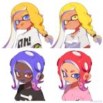  2boys 2girls black_shirt blonde_hair blue_eyes braid closed_mouth colored_tongue commentary_request dark-skinned_male dark_skin eyebrow_cut inkling inkling_boy inkling_girl inkling_player_character long_hair medium_hair multiple_boys multiple_girls octoling octoling_boy octoling_girl octoling_player_character open_mouth pink_shirt pointy_ears purple_eyes purple_hair purple_tongue red_eyes red_hair shirt simple_background single_braid smile splatoon_(series) splatoon_3 surume01417 t-shirt tentacle_hair thick_eyebrows white_background white_shirt yellow_eyes yellow_tongue 