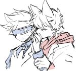  2boys animification bad_id bad_twitter_id blue_shirt coat collared_shirt eddsworld eyepatch flipped_hair future_tom_(eddsworld) future_tord_(eddsworld) grabbing_another's_arm hair_ears head-mounted_display hood hood_down hoodie inactive_account long_sleeves male_focus multiple_boys nana_(ebitokanimiso) necktie open_clothes open_coat painttool_sai_(medium) red_hoodie shirt short_hair simple_background sketch spiked_hair spot_color sweatdrop tom_(eddsworld) tord_(eddsworld) upper_body vest white_background 