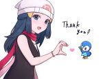  1girl :d beanie black_hair black_shirt blue_eyes bracelet commentary_request dawn_(pokemon) eyelashes hair_ornament hairclip hand_up hat heart heart_hands heart_hands_duo jewelry long_hair momiyon open_mouth piplup pokemon pokemon_(creature) pokemon_dppt scarf shirt sidelocks sleeveless sleeveless_shirt smile thank_you tongue white_hat 