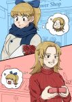  2girls absurdres alternate_costume animification blonde_hair blue_bow blue_eyes blue_scarf blush bouquet bow box bright_pupils brown_eyes coat commentary_request couple eddsworld flower flower_shop gift gift_box grin hair_bow high_ponytail highres holding holding_bouquet holding_box holding_gift indoors kashimiato katya_(eddsworld) kim_(eddsworld) kitchen long_hair long_sleeves multiple_girls outdoors partial_commentary ponytail red_flower red_rose red_sweater rose scarf shop smile speech_bubble sweater thought_bubble white_coat white_pupils yuri 