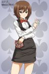  1girl artist_name between_fingers brown_eyes brown_hair card casino commentary_request girls_und_panzer holding holding_card holding_poker_chip long_skirt long_sleeves looking_at_viewer nishizumi_maho poker_chip red_ribbon ribbon shirt short_hair skirt smile solo twitter_username white_shirt zanntetu 