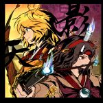  2others androgynous antenna_hair armor black_hair blonde_hair blue_fire boli_yan_moni_qi braid breastplate brilliant_pagoda_or_haze_castle brown_kimono candle_on_head cape commentary_request fire hairband headband heart_antenna_hair highres horns japanese_clothes kimono len'en long_hair multiple_others ooama_no_ake_no_mitori other_focus red_eyes red_hairband red_kimono short_hair sleeveless smile taira_no_chouki twin_braids yellow_eyes 