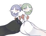  2girls alternate_color black_dress blue_hair blush dress face-to-face gardevoir green_hair heart highres kneeling mega_gardevoir multiple_girls pokemon pokemon_(creature) red_eyes shiny_pokemon simple_background suzu_(pixiv_32232702) white_background white_dress yuri 