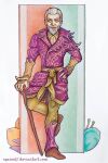  1boy beard blue_background cane colored_pencil colored_pencil_(medium) commentary deviantart_username dress_shirt english_commentary facial_hair full_body gold_embroidery hair_slicked_back jacket leg_up male_focus mushroom mustache orange_background ornate_clothes pants pencil purple_jacket sheogorath shirt slit_pupils smile solo spanielf standing suit_jacket the_elder_scrolls the_elder_scrolls_iv:_oblivion traditional_media white_background white_hair yellow_eyes yellow_pants 