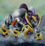  absurdres black_sclera closed_mouth colored_sclera commentary_request debris dust full_body highres horns iron_boulder karura_(to-the-4483) no_humans non-humanoid_robot orange_eyes outdoors pokemon pokemon_(creature) pokemon_focus robot robot_animal running sky solo 