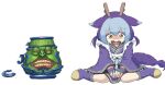  1girl apron blue_hair crying crying_with_eyes_open damaged dragon_girl dragon_horns duel_monster full_body fumio_(fumifumi) hair_ears horns laundry_dragonmaid looking_at_viewer on_floor orange_eyes pot_of_greed sitting tears wa_maid white_background yu-gi-oh! yu-gi-oh!_master_duel 