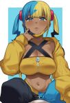  1girl aqua_hair bandeau black_mask blonde_hair blue_eyes blush breasts canari_(pokemon) cleavage collarbone commentary_request criss-cross_straps dark-skinned_female dark_skin hai_ookami highres jacket large_breasts long_sleeves looking_at_viewer mask mask_pull mega_stone mouth_mask multicolored_hair navel pants pokemon pokemon_legends:_z-a short_twintails solo split-color_clothes split-color_hair sports_bra stomach twintails two-tone_hair two-tone_mask two-tone_pants yellow_bandeau yellow_jacket yellow_mask yellow_sports_bra 