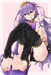  1girl absurdres bangs bare_shoulders batatata77 bb_(fate) bb_(swimsuit_mooncancer)_(fate) bb_(swimsuit_mooncancer)_(second_ascension)_(fate) bead_bracelet beads belt bikini black_garter_belt black_gloves black_shorts black_thighhighs blush bracelet breasts cleavage collarbone fate/grand_order fate_(series) feet fingerless_gloves gloves hair_ornament hair_ribbon hairband highres jewelry large_breasts long_hair looking_at_viewer loose_belt micro_shorts navel neck_ribbon platform_footwear purple_bikini purple_eyes purple_hair ribbon shorts sitting smile solo star_(symbol) star_hair_ornament studded_garter_belt swimsuit thighhighs toes tongue tongue_out very_long_hair white_belt 