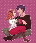  1boy 1girl alternate_costume animal_print brown_pantyhose brown_socks brown_sweater cat_print closed_eyes closed_mouth commentary couple cup diana_(kyokugen_dasshutsu) english_commentary eyelashes facing_another flower gift_art green_pants hair_flower hair_ornament hand_on_another's_back hetero highres holding holding_cup kyokugen_dasshutsu long_hair long_sleeves n-emone no_shoes orange_hair outline pants pantyhose polka_dot polka_dot_background print_pants purple_flower purple_hair red_skirt second-party_source short_hair sigma_(kyokugen_dasshutsu) sitting sitting_on_lap sitting_on_person skirt smile socks steam sweater very_short_hair white_outline white_sweater zero_escape:_toki_no_dilemma 