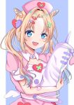  1girl :d ;d absurdres bandaid blonde_hair blue_eyes blue_hair blue_streaks collarbone collared_shrug commentary double_bun gradient_hair hair_bun hat heart heart-shaped_bandaid highres link!_like!_love_live! looking_at_viewer love_live! maymaru multicolored_hair nurse nurse_cap one_eye_closed open_mouth osawa_rurino pink_hat pink_shrug puffy_short_sleeves puffy_sleeves short_sleeves shrug_(clothing) smile solo streaked_hair stuffed_toy syringe virtual_youtuber vital_sign_(love_live!) 