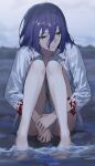  1girl barefoot beach blood blood_on_clothes blurry blurry_background chainsaw_man closed_mouth cloud cloudy_sky collarbone collared_shirt commentary_request eyelashes feet fingernails full_body green_eyes hair_between_eyes hand_on_own_wrist highres legs_up looking_to_the_side medium_hair no_pants on_water outdoors purple_hair reze_(chainsaw_man) shirt sitting sky solo torn_clothes torn_shirt turning_head water white_shirt zonotaida 
