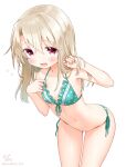  1girl anzu_ame bangs bare_shoulders bikini blonde_hair blush breasts collarbone fate/kaleid_liner_prisma_illya fate_(series) green_bikini hair_between_eyes illyasviel_von_einzbern long_hair looking_at_viewer navel open_mouth red_eyes sidelocks small_breasts smile solo swimsuit thighs white_background 