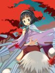  2others amanomiya_jun androgynous autumn baila_kuangzi black_hair blue_eyes blunt_bangs collared_shirt commentary_request danmaku earthen_miraculous_sword grey_hair hairband highres houlen_yabusame japanese_clothes len'en long_sleeves multiple_others polka_dot_cape shirt short_hair umbrella umbrella_hair_ornament white_hairband 