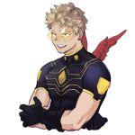  1boy blonde_hair boku_no_hero_academia cropped_torso facial_hair feathered_wings forked_eyebrows goatee hawks_(boku_no_hero_academia) highres kogu_(nue_insideout) male_focus messy_hair mini_wings red_wings shirt short_hair sideburns smile stubble toned toned_male wings 
