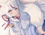  1girl animal_ear_fluff animal_ears bell between_legs black_thighhighs brown_eyes fang fox_ears fox_girl fox_tail hair_bell hair_ornament hugging_own_tail indie_virtual_youtuber kamiko_kana long_hair long_sleeves looking_at_viewer muikou_(moeko0903) multicolored_hair off_shoulder oversized_clothes parted_lips red_hair skin_fang sleeves_past_fingers sleeves_past_wrists streaked_hair sweater tail tail_between_legs thighhighs virtual_youtuber white_hair 