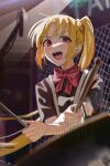  1girl absurdres ahoge arms_up bangs black_shirt blonde_hair blurry blurry_foreground blush bocchi_the_rock! bow bowtie braid breasts commentary_request drum drumsticks hair_between_eyes hands_up highres holding holding_drumsticks ijichi_nijika indoors instrument jiki_(gkdlfnzo1245) long_hair looking_to_the_side medium_breasts music open_mouth playing_instrument ponytail red_bow red_bowtie red_eyes shirt short_sleeves side_ponytail sidelocks sitting smile solo stage_lights standing sweat sweatdrop t-shirt teeth tongue wall 