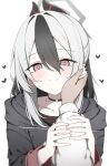  1boy 1girl black_choker black_hair black_hoodie black_horns blue_archive blush bright_pupils choker collarbone commentary demon_horns earclip grabbing_another's_arm grey_halo hair_between_eyes halo hand_on_another's_cheek hand_on_another's_face heart highres hood hoodie horns kayoko_(blue_archive) long_hair looking_at_viewer loving_aura mole mole_on_collarbone multicolored_hair pov pov_hands red_eyes shirt simple_background smile two-tone_hair white_background white_hair white_pupils white_shirt yuukun_mk-ii 