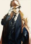  1boy adjusting_clothes adjusting_headwear aonosubete black_coat black_necktie black_vest blue_eyes coat coat_on_shoulders collared_shirt cosplay deerstalker gloves hair_between_eyes hand_in_pocket hand_on_headwear hat kudou_shin&#039;ichi long_sleeves looking_at_viewer male_focus meitantei_conan necktie one_eye_closed open_clothes open_coat open_mouth sherlock_holmes sherlock_holmes_(cosplay) shirt short_hair smile the_adventures_of_sherlock_holmes trench_coat vest white_gloves white_shirt 