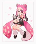  1girl absurdres big_man_(splatoon) black_jacket black_shoes character_doll doll full_body hair_horns hair_ornament highres holding holding_doll inkling inkling_girl inkling_player_character invisible_chair jacket long_hair long_sleeves looking_at_viewer open_mouth pink_eyes pink_hair pointy_ears shoes short_eyebrows sitting smile socks solo splatoon_(series) splatoon_3 surume01417 tentacle_hair thick_eyebrows v very_long_hair white_socks x_hair_ornament 