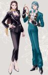 2girls absurdres ace_attorney alternate_costume ascot black_footwear black_gloves black_pants blue_eyes blue_hair blue_jacket blue_pants breasts brown_eyes brown_hair cleavage closed_mouth earrings formal franziska_von_karma full_body gem gloves grey_background hand_on_hip high_heels highres jacket jewelry long_hair looking_at_viewer magatama mia_fey mole mole_under_eye mole_under_mouth multiple_girls necklace pants scarf shirt shoes short_hair smile suit whip yymmawo_vv2 