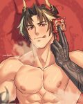  1boy arknights bara chinese_commentary chong_yue_(arknights) condom dragon_boy dragon_horns ear_piercing highres holding holding_condom horns long_hair looking_at_viewer male_focus multicolored_hair piercing pointy_ears red_background red_eyes sweat tongue tongue_out topless_male yaekaidou 