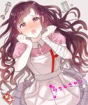  1girl :o apron bandaged_arm bandages bangs blush breasts card collared_shirt danganronpa_(series) danganronpa_2:_goodbye_despair dress_shirt gorila_chan grey_background hands_up large_breasts long_hair looking_at_viewer mole mole_under_eye open_mouth pill pink_shirt puffy_short_sleeves puffy_sleeves shirt short_sleeves skirt solo syringe translation_request tsumiki_mikan white_apron 