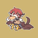  1girl 1other :3 animal_ears big_o_pants bird_ears bird_legs bird_tail black_skirt blush_stickers bread brown_background brown_vest brown_wings commentary_request eating feather_fingers feathers feeding fio-chan_(big_o_pants) food hair_between_eyes harpy holding_bread long_hair looking_at_viewer monster_girl original pov red_eyes red_hair sitting skirt solo_focus tail talons vest winged_arms wings 