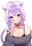  1girl :3 absurdres ahoge animal_ear_fluff animal_ears aran_sweater bangs black_bra black_choker blue_hair blush bra breasts cable_knit cat_ears cat_girl cat_tail choker cleavage collarbone colored_inner_hair crossed_bangs grey_sweater hair_between_eyes highres hololive lace-trimmed_bra lace_trim large_breasts long_sleeves looking_at_viewer mashiro_io multicolored_hair nekomata_okayu off-shoulder_sweater off_shoulder open_mouth purple_eyes purple_hair purple_nails short_hair simple_background smile solo strap_slip sweater tail underwear upper_body virtual_youtuber white_background 
