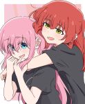  2girls absurdres black_shirt blue_eyes blush bocchi_the_rock! commentary_request gotoh_hitori highres hug hug_from_behind kessoku_band_t-shirt kita_ikuyo long_hair mayo_(oekaki_bibbi) medium_hair multiple_girls open_mouth pink_background pink_hair red_hair shirt side_ponytail simple_background smile white_background yellow_eyes yuri 