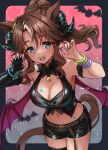  1girl animal_ears bangs bat_wings belt black_shorts blue_eyes blue_nails blush bracelet breasts brown_hair cleavage demon_horns demon_tail demon_wings fangs halloween halloween_costume horns horse_ears horse_girl horse_tail iro_178 jewelry large_breasts long_hair looking_at_viewer low_wings mejiro_palmer_(umamusume) multicolored_hair nail_polish navel open_mouth shorts smile solo streaked_hair tail umamusume wings 