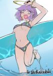  1girl 2n5 absurdres bikini breasts commission eyelashes foot_out_of_frame halo heart heart_in_mouth highres medium_breasts navel one_eye_closed original purple_eyes purple_hair short_hair smile solo star_(symbol) star_print star_sticker sticker sticker_on_face surfboard swimsuit 