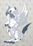  absol animal_focus artist_name bangs blueberry_(5959) blush bright_pupils claws commentary_request fangs feathered_wings full_body fur_collar grey_background hair_over_one_eye hands_up light_blush looking_at_viewer mega_absol mega_pokemon no_humans one_eye_covered open_mouth pokemon pokemon_(creature) red_eyes short_hair signature sitting solo teeth white_pupils white_wings wings 
