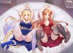  2girls alice_zuberg arms_up asuna_(sao) bangs bare_arms bare_shoulders black_thighhighs blonde_hair blue_dress blue_eyes blue_ribbon braid breasts brown_eyes brown_hair dress evening_gown feet feet_up flower formal french_braid full_body gown hair_flower hair_ornament hairclip highres jewelry leggings legs_up long_hair looking_at_viewer medium_breasts multiple_girls ninai no_bra no_shoes over-kneehighs pantyhose ponytail red_dress red_flower red_rose red_skirt ribbon rose skirt smile soles sword_art_online sword_art_online:_alicization thighhighs thighs toes very_long_hair white_leggings white_pantyhose white_thighhighs yuri 