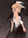  1girl blonde_hair blue_eyes bow commentary crop_top detached_sleeves from_side hair_bow hair_ornament hairclip half-closed_eyes highres kagamine_rin long_sleeves looking_back midriff musical_note musical_staff parted_lips sailor_collar shirt short_hair sleeveless sleeveless_shirt solarismelody solo symbol-only_commentary vocaloid 