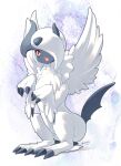  absol animal_focus artist_name bangs blueberry_(5959) blush bright_pupils claws commentary_request fangs feathered_wings full_body fur_collar hair_over_one_eye hands_up light_blush looking_at_viewer mega_absol mega_pokemon no_humans one_eye_covered open_mouth pokemon pokemon_(creature) red_eyes short_hair signature sitting solo teeth white_pupils white_theme white_wings wings 