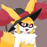  absurd_res anthro areola braixen canid canine catchthegrass clothing female fox fur generation_6_pokemon hair happy hat headgear headwear hi_res mammal nintendo nipples nude pokemon pokemon_(species) red_eyes shaded simple_background simple_shading solo white_body white_fur witch_hat yellow_body yellow_fur 