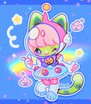  1girl animal_ears blue_background blue_dress blush_stickers border cat_ears cat_girl cat_tail chibi chibi_only commentary creature cyber_fashion dress full_body furry furry_female green_fur head_wings helmet jaltoid looking_at_viewer one_eye_closed original pink_hair purple_eyes radio_antenna rainbow retrofuturism shooting_star short_hair simple_background smile solo space_helmet spacesuit standing star_(symbol) symbol-only_commentary tail ufo_skirt white_border wings 